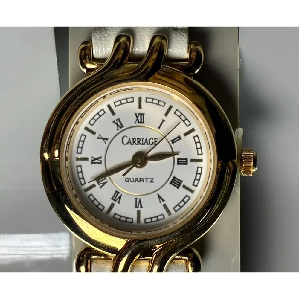 Carriage by Timex Women's Gold Tone Quartz Watch White Dial Strap NOS Working